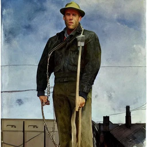 Prompt: Portrait of Jason Statham Pet Detective Standing atop a Garbage Truck Newell Convers Wyeth Andrew Wyeth Jamie Wyeth