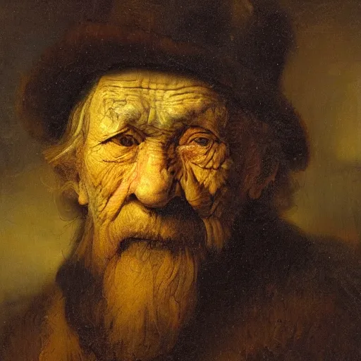 Prompt: detailing character concept portrait of old man by Rembrandt van Rijn, on simple background, oil painting, middle close up composition