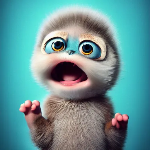 Image similar to a cute little baby monster with long fur, portrait, pixar style, extremely realistic photo, heaven background, cinematic lighting, award winning creature portrait photography