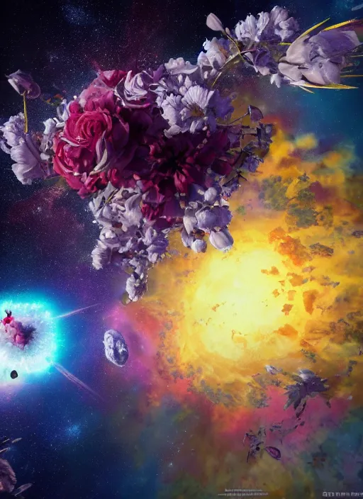 Image similar to An epic fantastic realism comic book style painting of the most beautiful flowers launched into space, bouquets, glorious galactic collision, sharp focus, fisheye, unreal 5, DAZ, hyperrealistic, octane render, dynamic lighting