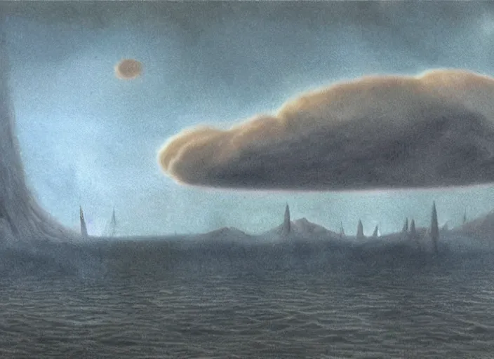 Image similar to floating islands, idyllic, menacing, nebulous clouds, thundrous hellish floating crumbling islands particulate and shivering cold of the apocalypse, hyperfluorescent saturated pastel pleasing - palette matte painting matte painting from fantasia ( 1 9 4 1 )