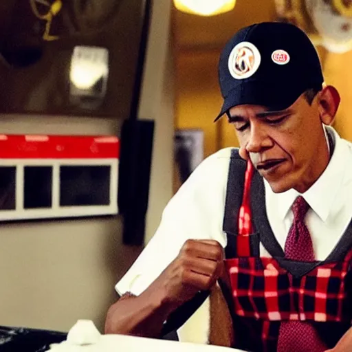 Image similar to riverdale still of obama wearing suspenders, a white varsity sweater with a varsity letter r, and a propeller cap, cap with a propeller on it