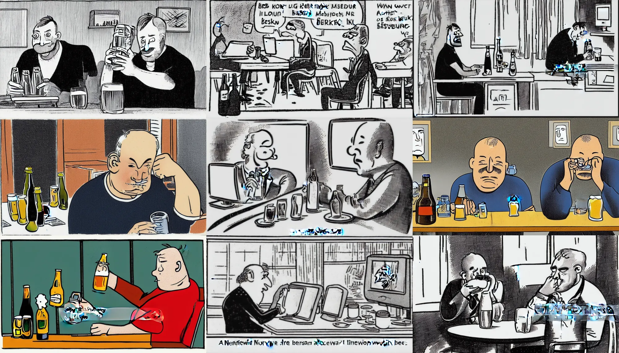 Prompt: a Norwegian middle-aged man sits forward face close to a computer screen whilst consuming a bottle of beer. Leslie Gilbert Illingworth style, cartoon