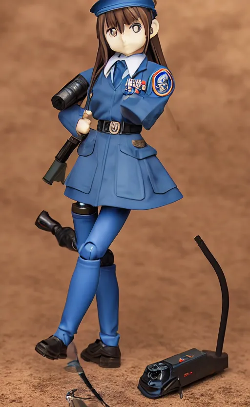 Image similar to toy photo, radio equipment, school uniform, portrait of the action figure of a girl, anime character anatomy, small blue eyes, figma by good smile company, collection product, dirt and smoke background, flight squadron insignia, realistic military gear, 70mm lens, round elements, photo taken by professional photographer, trending on instagram, symbology, 4k resolution, low saturation, realistic military carrier