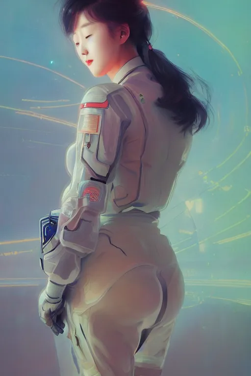 Image similar to portrait futuristic korean Airforce Girl, inside future fighter, ssci-fi, fantasy, intricate, very very beautiful, elegant, human anatomy, neon light, highly detailed, digital painting, artstation, concept art, smooth, sharp focus, illustration, art by tian zi and WLOP and alphonse mucha