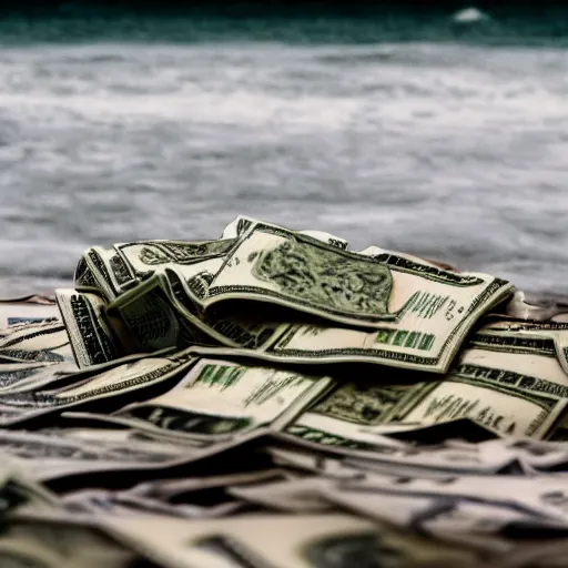 Image similar to a picture of a wet pile of money, in the ocean, there is rain