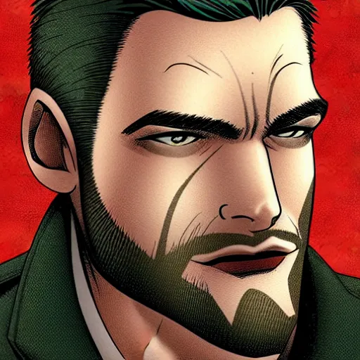 Image similar to portrait of a greying pale vampire police officer with short hair and a patchy beard, close up, grimy streets backdrop, highly detailed, sharp focus, perfect eyes, art by russell dauterman and patrick gleason