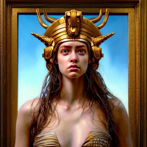 Image similar to hyperrealistic mixed media painting of beautiful goddess Athena, stunning 3d render inspired art by P. Craig Russell and Barry Windsor-Smith, perfect facial symmetry, dim volumetric lighting, 8k octane beautifully detailed render, post-processing, portrait, extremely hyper-detailed, intricate, epic composition, brown eyes, cinematic lighting, masterpiece, trending on artstation, very very detailed, masterpiece, stunning