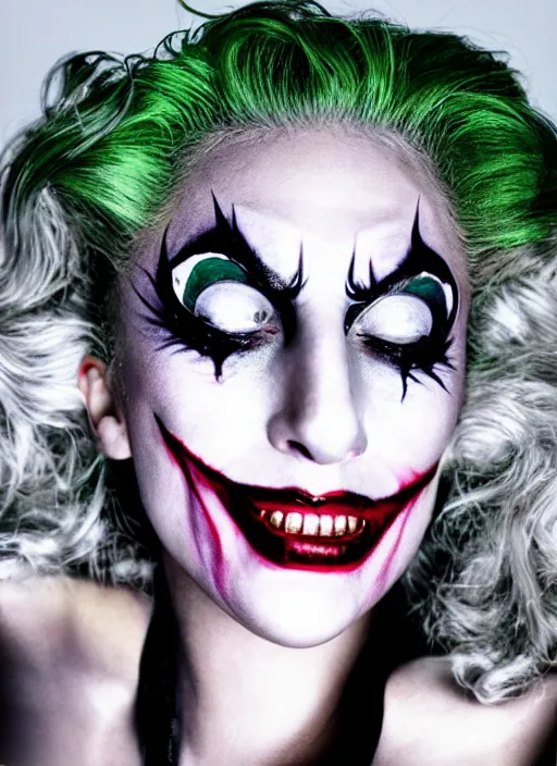 Image similar to photo of Lady Gaga as the Joker by Eolo Perfido and Mario Testino, smile, head shot, detailed, award winning, Sony a7R