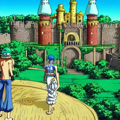 Prompt: screenshot of a giant castle from the anime one piece