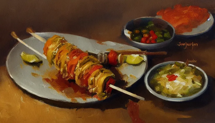Image similar to durum kebab, oil painting by jama jurabaev, brush hard, artstation, for aaa game, high quality, brush stroke