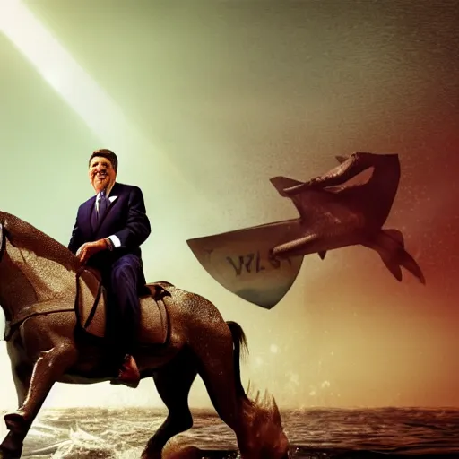 Image similar to ronald reagan riding shark, splash art, detailed face, photorealistic facial features, film still, cinematic lighting, dramatic, octane render, long lens, shallow depth of field, bokeh, anamorphic lens flare, hyper detailed, 3 5 mm film grain