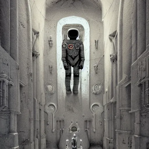 Prompt: surrealism grunge of an astronaut in a creepy cathedral . intricate artwork. Eerie ancient alien symbols carved into the walls, zdzisław Beksiński, wlop, dan mumford , trending on artstation, greg rutkowski very coherent symmetrical artwork. cinematic composition, hyper realism, high detail, octane render, 8k