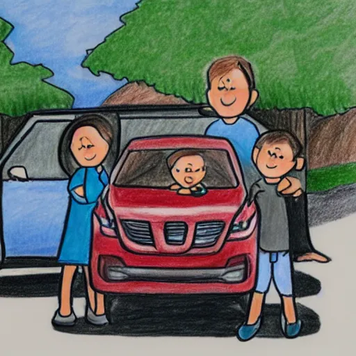 Image similar to a todler's drawing of a family and their suv