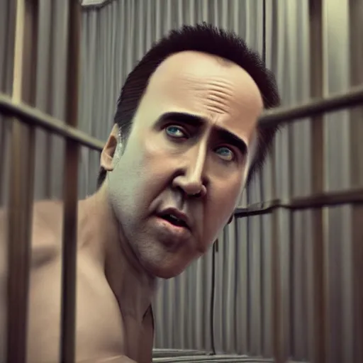 Image similar to hyperrealistic dslr film still of nicolas cage in a cage, stunning 8 k octane comprehensive 3 d render, inspired by istvan sandorfi & greg rutkowski & unreal engine, perfect symmetry, dim volumetric cinematic lighting, extremely hyper - detailed, extremely lifelike attributes & lifelike texture, intricate, masterpiece, artstation, stunning