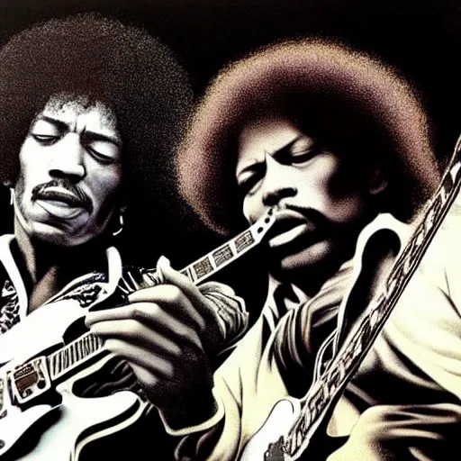 Image similar to photorealistic painting of jimi hendrix and b. b king, with very highly detailed face, jamming with electric guitars, sitting on fluffy clouds. realism, beautiful, dramatic by grant wood, johannes vermeer and leonardo da vinci