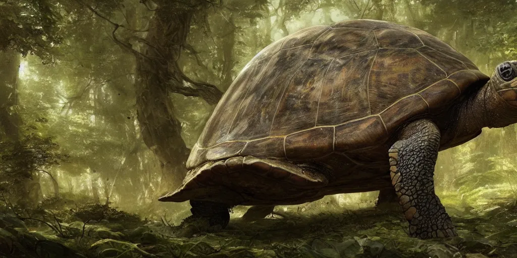 Image similar to a huge ancient turtle with a forest on top of its shell, greg rutkowski, 8 k, shallow depth of field, intricate detail, concept art,