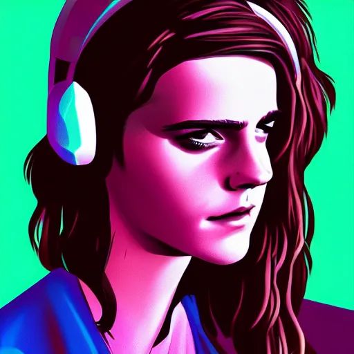 Prompt: synthwave emma watson wearing headphones, animated, trending on artstation, portrait