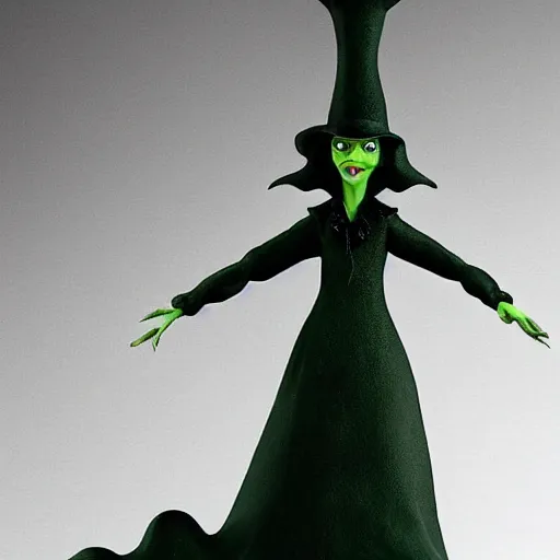 Prompt: A Tim Burton style claymation figurine of Wicked Witch from the movie “the Wizard of Oz“, Green skin, black dress, black pointed hat, holding a large hourglass of red sand, detailed render, 4K, UHD, side lighting