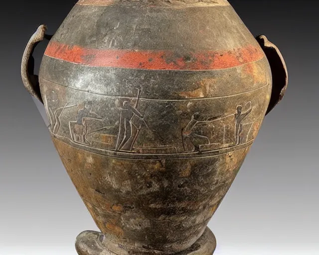 Prompt: a beautiful, ancient, iron made greek amphora container, museum item, with drawings of crossfit games h 1 0 2 4