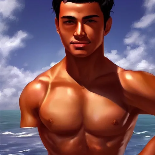 Image similar to A Buff Young Latino Male Lifeguard at the Beach, short black hair, brown eyes, slight smile, art by Artgerm, artstation