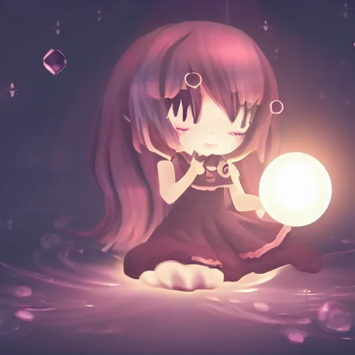 Image similar to cute fumo plush girl gazing into a crystal ball swirling with strange energy, black and white, smoke and volumetric fog, witch girl, soothsayer, lens flare glow, chibi anime, vray