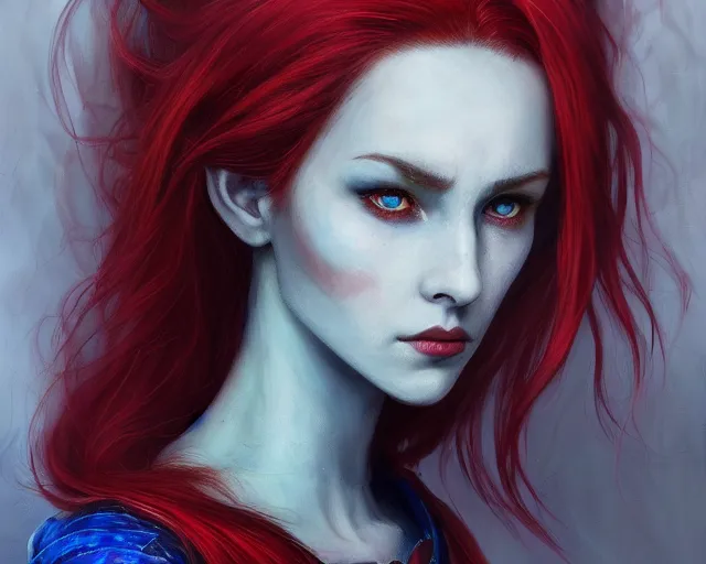 Image similar to A detailed matte oil on canvas head on symmetrical portrait of a distinguished elven woman with red and blue hair on an empty background, by Charlie bowater, Lise Deharme, Wlop, trending on artstationhd, dungeons and dragons art, parted hair , half blue, half red , split dye, critical role