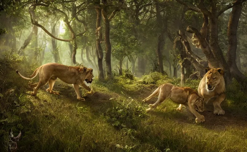 Image similar to a lioness hunting a wolf in a magical forest. painting, fantasy, fur shader, dramatic lighting, dawn, 8 k, sharp focus, global illumination, paid artwork, portfolio, detailed and intricate environment