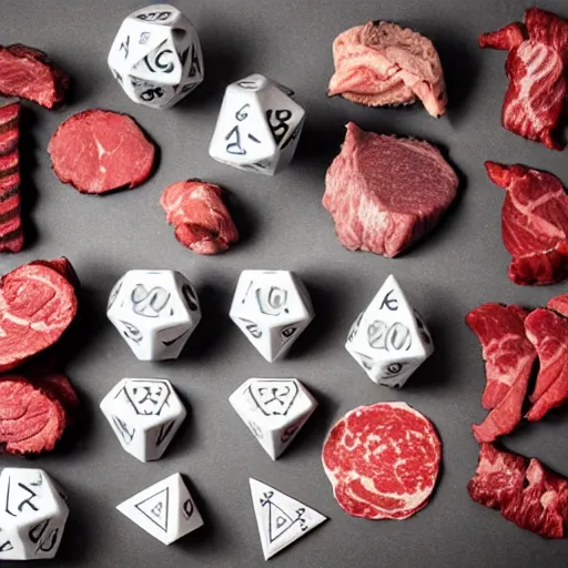 Prompt: d20 made of meat, dnd, dice, dungeons and dragons, steak, beef, oily, glisten, juicy, gaming, in the style of food photography, food stylist, monster manual,