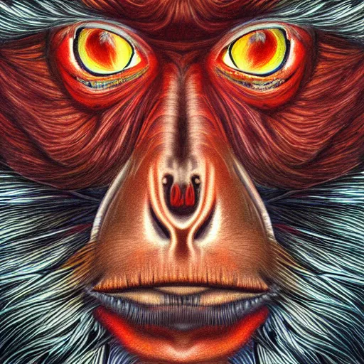 Image similar to Colored pencil art on paper, Inferno Flame Monkey, highly detailed, artstation, MasterPiece, Award-Winning, Caran d'Ache Luminance