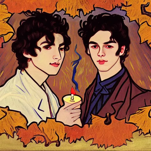 Image similar to painting of young cute handsome beautiful dark medium wavy hair man in his 2 0 s named shadow taehyung and cute handsome beautiful min - jun together at the halloween party, bubbling cauldron, candles, smoke, tarot, autumn colors, elegant, stylized, soft facial features, delicate facial features, art by alphonse mucha, vincent van gogh, egon schiele