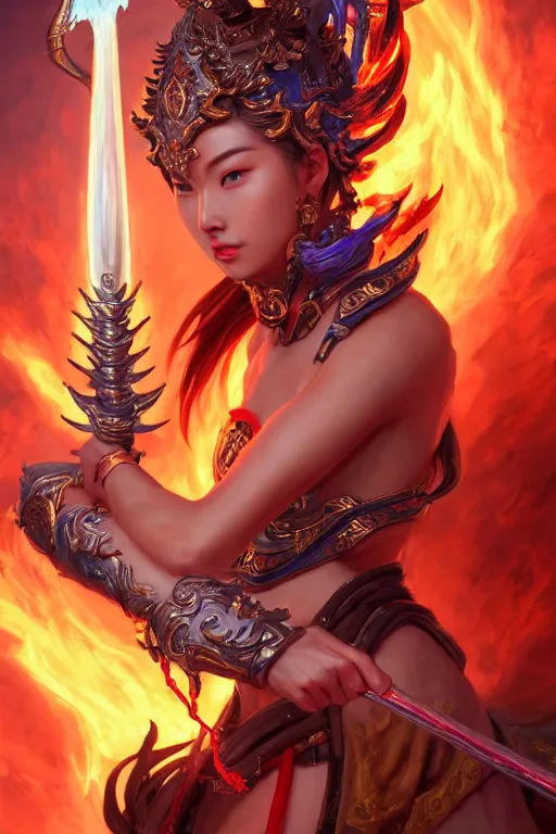 Image similar to a masterpiece portrait of nezha, legendary god holding spear, flame everywhere, epic pose, fantasy character portrait, closeup shot, hyper detailed, digital painting, 8 k realistic, trending on artstation, sharp focus, dof, by fenghua zhong, artgerm, ne zha from smite, jeff easley, raymond swanland