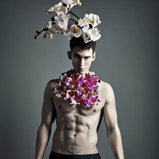 Image similar to a portrait of a beautiful young male wearing an alexander mcqueen armor made of orchids , photographed by andrew thomas huang, artistic