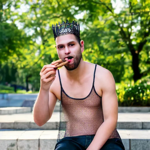 Image similar to A full shot portrait of a young man in a Netted Fishnet Mesh Tanktop wearing a golden diamond crown smoking a cigar on a sunny day in the park, 35mm, 4K, studio lighting