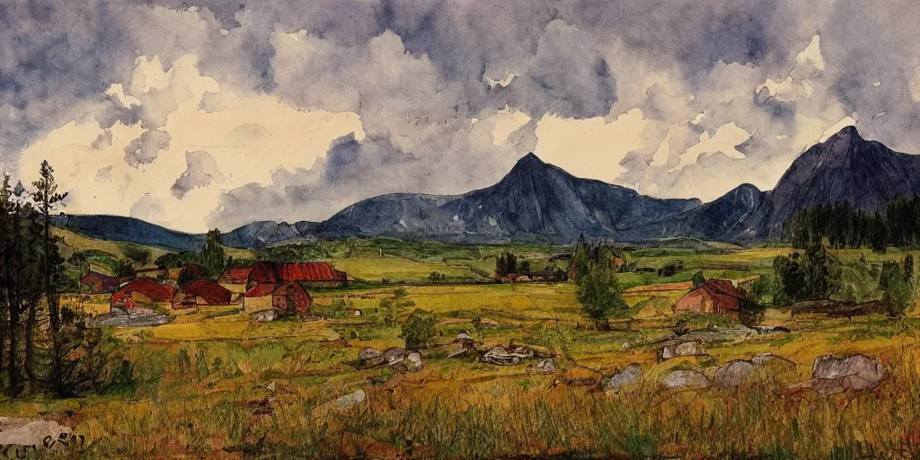 Image similar to dramatic swedish country side, mountains in the background, dramatic lighting, in the style of carl larsson