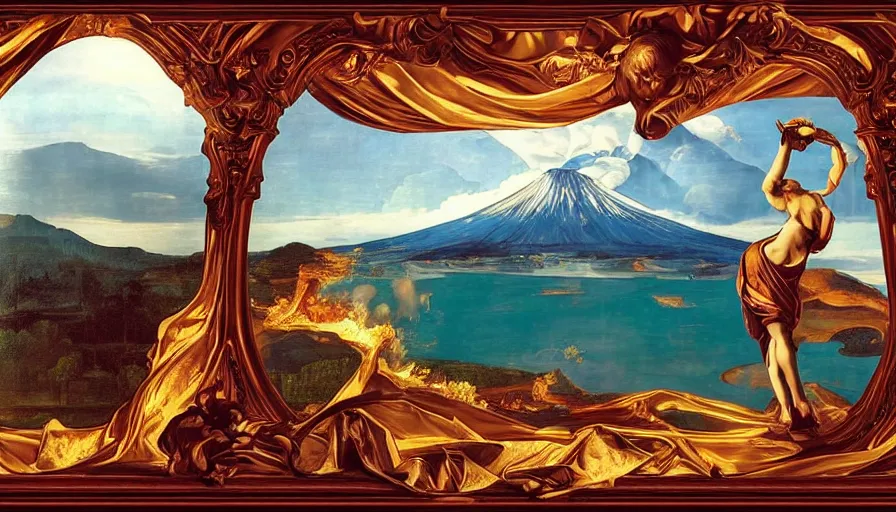 Prompt: an elaborated huge standalone hyperrealistic photorealistic hyperdetailed window, reflecting an erupting volcano, seen from the distance. art nouveau rococo in the style of caravaggio. unexpected elaborate maximalist fabric elements hd 8 x matte background in vibrant vivid pastel textures