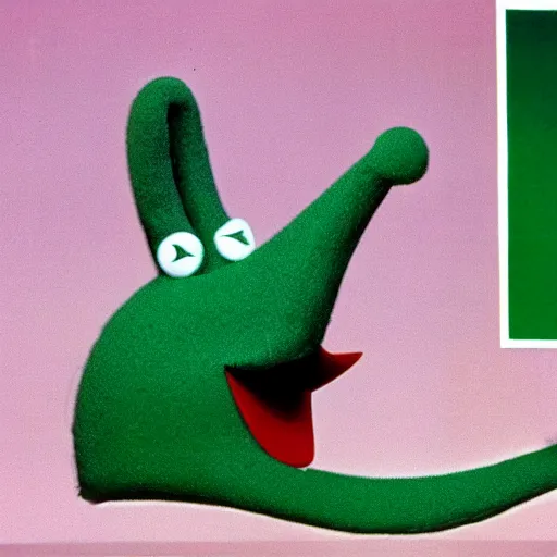 Prompt: Gumby with a long prosthetic nose 1977 wacky live-action childrens show technicolor film