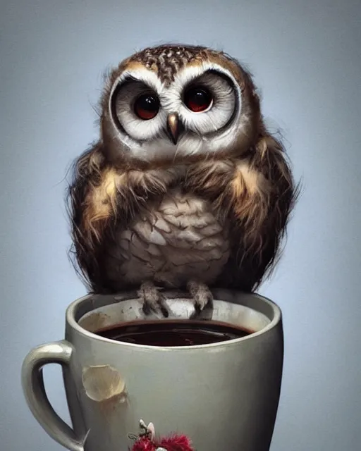 Image similar to long shot of a very cute owl chick nesting in a mug, esao andrews, humorous illustration, hyperrealistic, big depth of field, warm colors, night scenery, low light, 3 d octane render, 4 k, concept art, hyperdetailed, hyperrealistic, trending on artstation