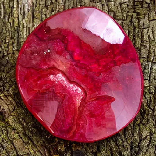 Image similar to a cut ruby gemstone mushroom, shiny, in the forest, high detail