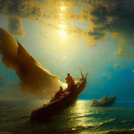 Image similar to point of view of deep in the ocean looking up, you see fishes, higher the milk way, night time, midnight. highly detailed painting by gaston bussiere, greg rutkowski 8 k