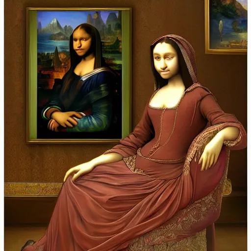 Image similar to Monalisa is sitting on her living room couch. She is dressed casually and is watching TV, Regal, Realistic, Refined, Detailed Digital Art, Josephine wall, Oil Painting, William-Adolphe Bouguereau, Art Frahm, Esao Andrews, Steampunk, Walt Disney (1937), Highly Detailed, Cinematic Lighting, Unreal Engine, 8k, HD