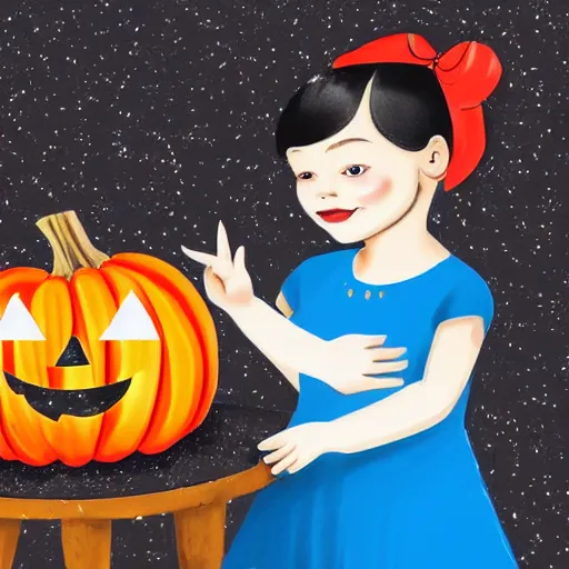 Image similar to children's book illustration of little girl black hair cut in a bob with bangs wearing a blue dress with jingle bells sewn all over at a halloween costume contest