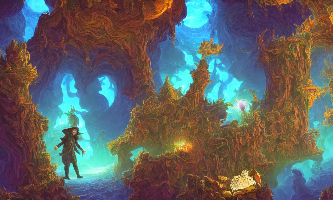 Image similar to large kerberos realm, wizard issues ticket close up, reading a directory, colorful ravine, 3 d art, digital illustration, perfect lighting