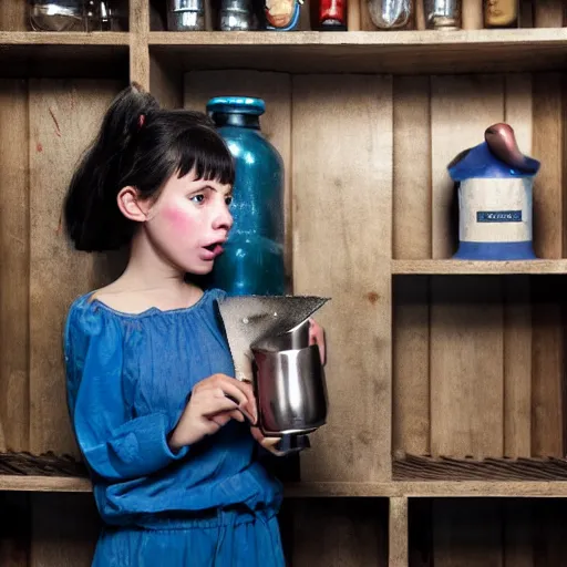 Prompt: a little blue-skinned girl with messy black hair sharp pointed ears freckles along the ridges of her cheeks in a pantry drinking from a leather flask, blue skinned dnd triton, high resolution film still, 4k, HDR colors