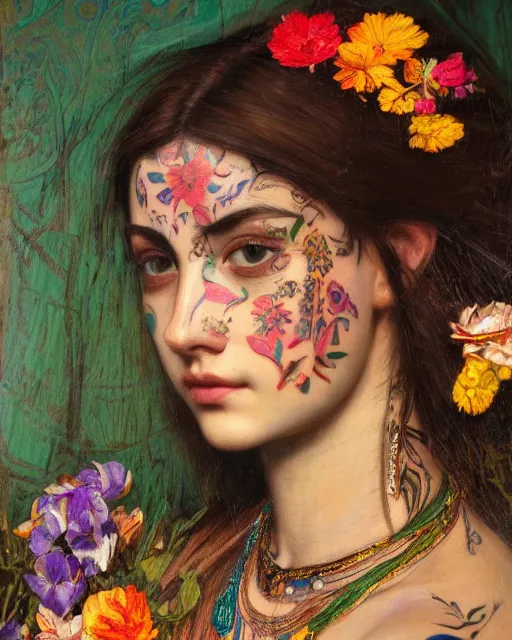 Image similar to close up of a beautiful girl with colourful tattoos surrounded by colourful flowers orientalist intricate portrait by john william waterhouse and edwin longsden long and theodore ralli and nasreddine dinet, oil on canvas. cinematic, hyper realism, dramatic lighting, high detail 8 k