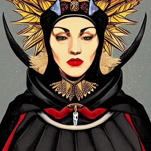 Image similar to Illustrated by Shepard Fairey and H.R. Geiger | a renaissance style portrait painting of raven winged female vampire in VR helmet, wearing a crown and cape, dark background