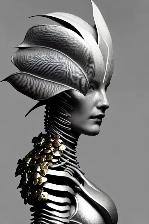 Image similar to monochrome close - up profile face, black background, beautiful young porcelain bio - mechanical vegetal - dragon - cyborg - female, white metallic armour, silver gold details, magnolia leaves and stems, roots, mandelbot fractal, 1 5 0 mm, beautiful natural soft rim light, elegant, hyper real, ultra detailed, octane render, 1 6 k