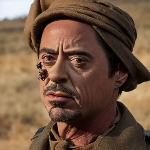 Image similar to robert downey jr in blackface in a war movie, cinematic still