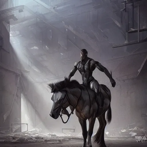 Prompt: a hyper - muscular anthropomorphized horse wearing a tactical bodysuit standing in the ruins of a facility, equine, highly detailed, digital painting, artstation, sharp focus, game art, concept art, illustration, art by artgerm, greg rutkowski