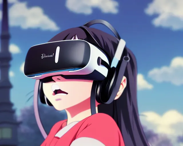 Image similar to anime fine details portrait of joyful girl in vr headset in school, bokeh. anime masterpiece by Studio Ghibli. 8k render, sharp high quality anime illustration in style of Ghibli, artstation